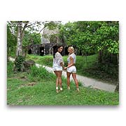 Cherie DeVille and Vicki Chase get excited by an old sugar mill ruins